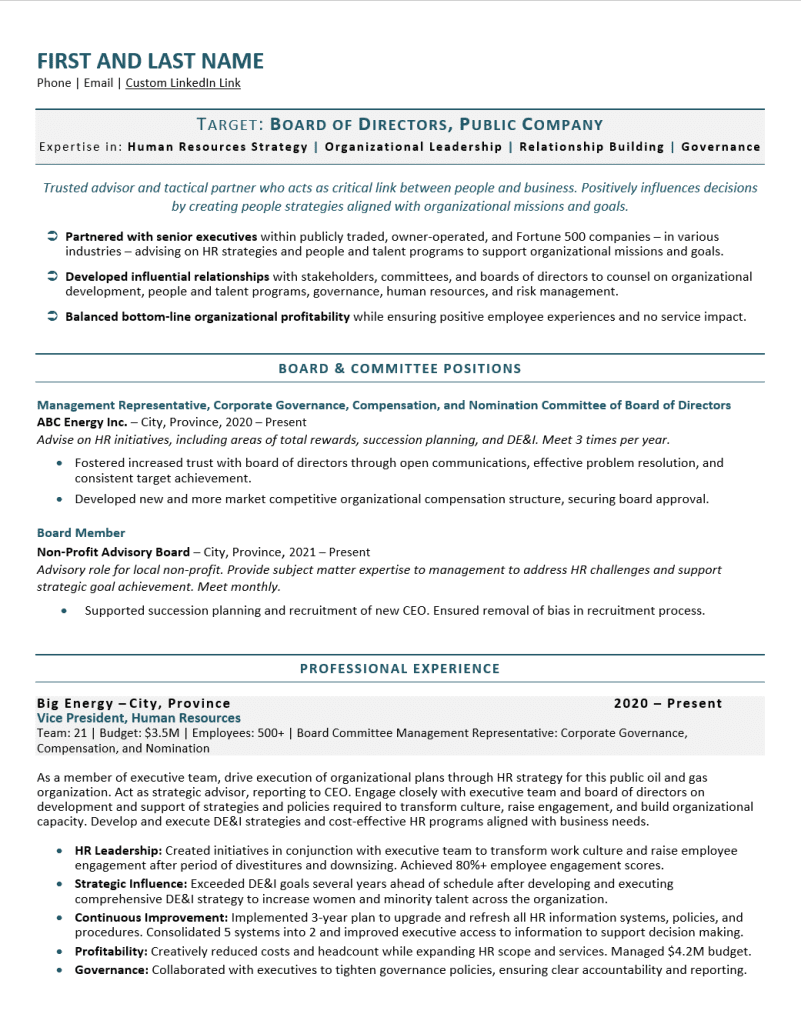 Corporate Board Resume Sample